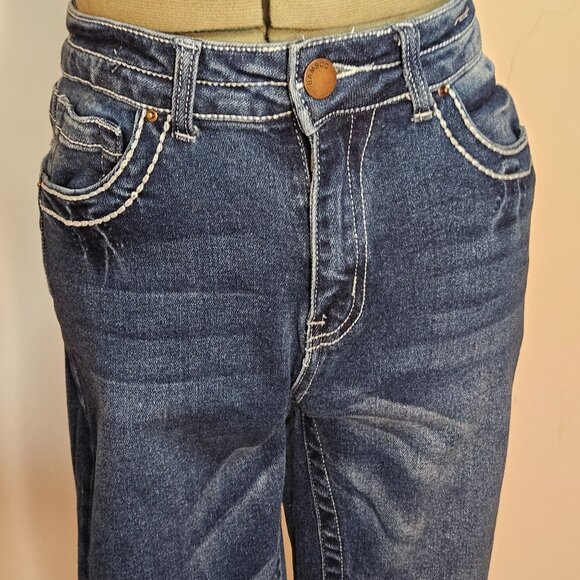 Woman's Bamboo dark wash white stitch embroidered distressed flared mid rise jea - Picture 2 of 11